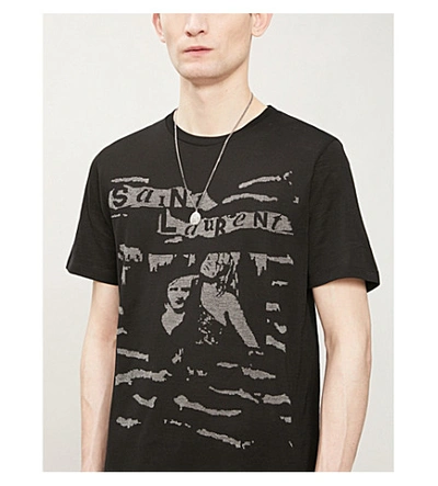 Shop Saint Laurent Graphic-print Cotton-knit T-shirt In Noir+gris