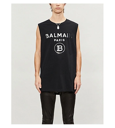Shop Balmain Logo-print Cotton Jersey Tank Top In Noir