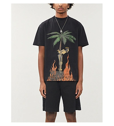Shop Palm Angels Burning Skeleton Crewneck Cotton-jersey T-shirt In Black Multicolor