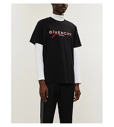 Shop Givenchy Logo-embroidered Cotton-jersey T-shirt In Black Red