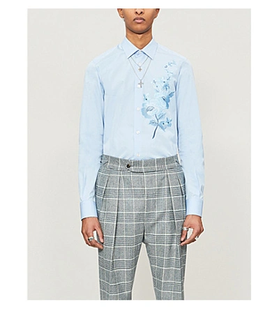 Shop Alexander Mcqueen Floral-embroidered Cotton Poplin Shirt In Sky Blue