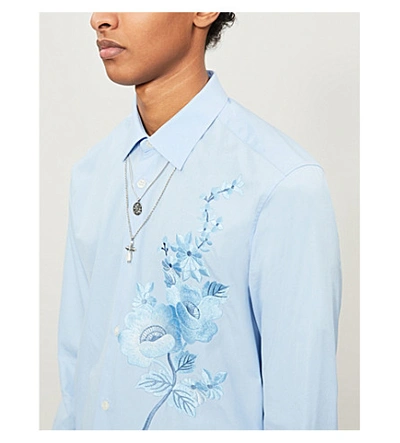 Shop Alexander Mcqueen Floral-embroidered Cotton Poplin Shirt In Sky Blue