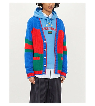 Shop Gucci Colour-blocked Oversized Wool Cardigan In Live+red+ink+multi