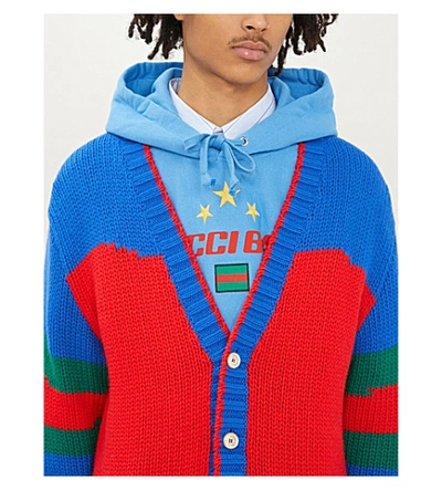 Shop Gucci Colour-blocked Oversized Wool Cardigan In Live+red+ink+multi