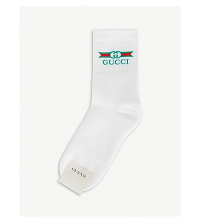 Shop Gucci Logo-intarsia Stretch-cotton Socks In Ivory