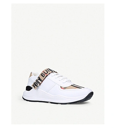 Shop Burberry Ronnie Checked Leather Trainers In White/oth