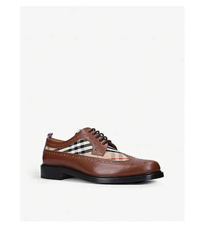 Shop Burberry Arndale Checked Leather And Cotton Brogues In Beige