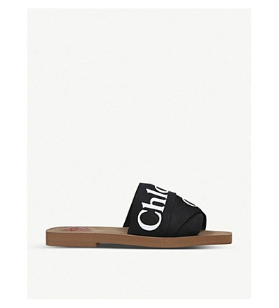 Shop Chloé Chloe Women's Black Woody Logo-print Canvas Mules