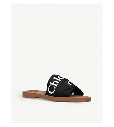 Shop Chloé Chloe Women's Black Woody Logo-print Canvas Mules