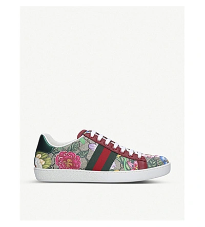 Shop Gucci New Ace Floral-print Leather Trainers In Beige+comb