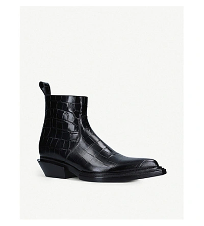 Shop Balenciaga Santiag Croc-embossed Leather Ankle Boots In Black