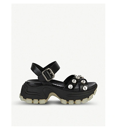 Shop Miu Miu Embellished Chunky Sole Leather Sandals In Nero