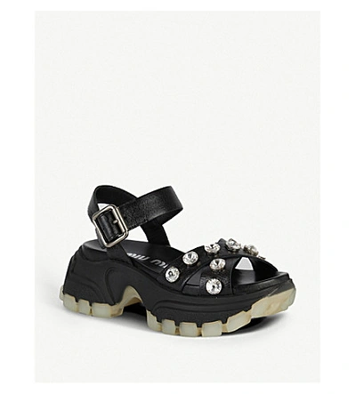 Shop Miu Miu Embellished Chunky Sole Leather Sandals In Nero