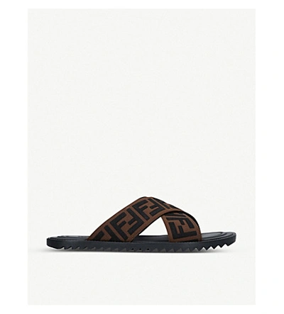 Shop Fendi Logo-embellished Crossover Leather And Rubber Sliders In Blk/brown