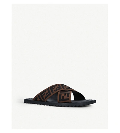 Shop Fendi Logo-embellished Crossover Leather And Rubber Sliders In Blk/brown