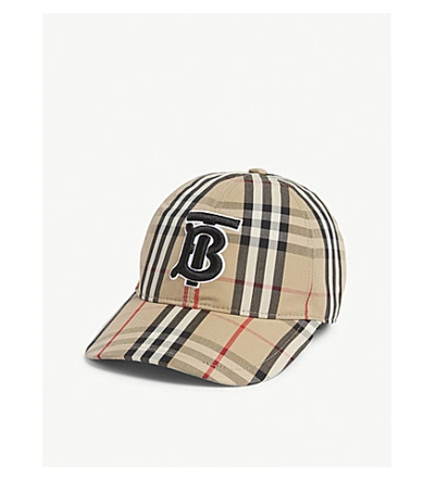 Shop Burberry Vintage Check Tb Logo Cotton Baseball Cap In Archive Beige