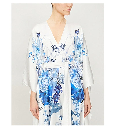 Shop Meng Floral Print Wrap Silk Kimono In White
