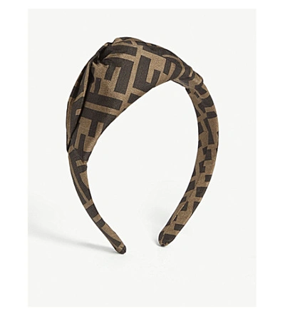 Shop Fendi Ff Logo-printed Silk Hairband In Brown Black