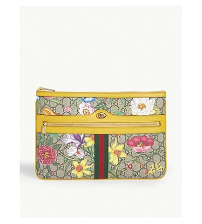 Shop Gucci Ophidia Gg Flora Pouch In Beige Multi Crop Yellow