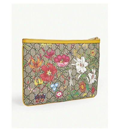 Shop Gucci Ophidia Gg Flora Pouch In Beige Multi Crop Yellow