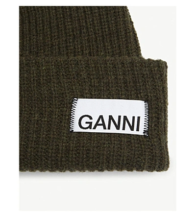 Shop Ganni Ribbed Wool-blend Beanie In Kalamata