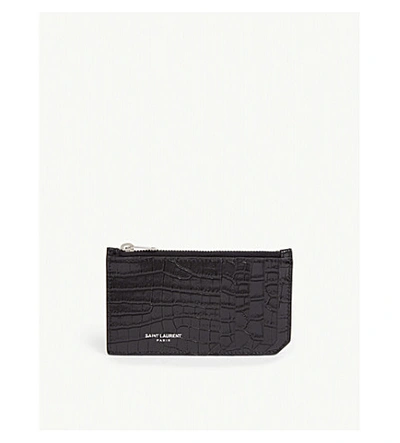 Shop Saint Laurent Fragment Croc-embossed Leather Card Holder In Black