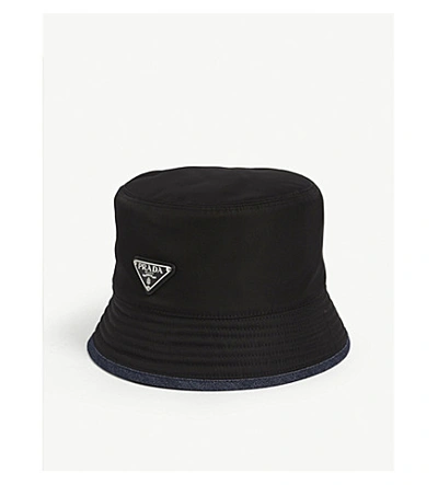 Shop Prada Triangle Logo Nylon And Denim Bucket Hat In Black W/blue