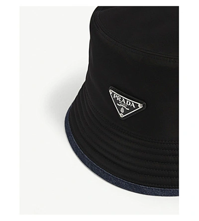 Shop Prada Triangle Logo Nylon And Denim Bucket Hat In Black W/blue