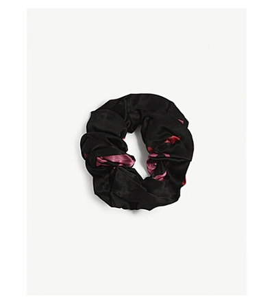 Shop Ganni Floral-printed Satin Scrunchie In Black