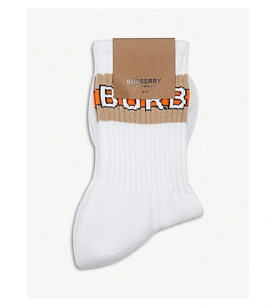 Shop Burberry Logo Intarsia Cotton-blend Socks In White