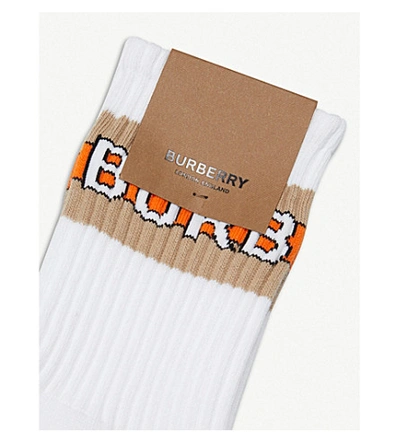 Shop Burberry Logo Intarsia Cotton-blend Socks In White