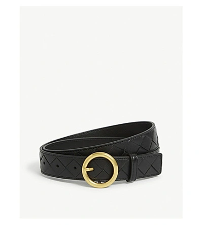 Shop Bottega Veneta Intrecciato Leather Belt In Black Nero/gold