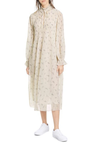 Shop Ganni Floral Print Pleated Georgette Long Sleeve Midi Dress In Egret 135