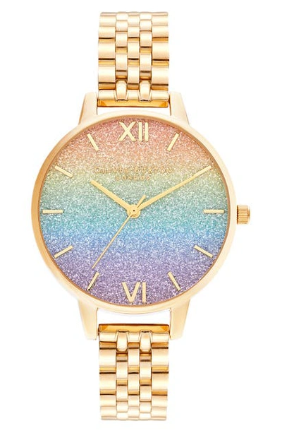 Shop Olivia Burton Rainbow Bracelet Watch, 34mm In Gold/ Rainbow Glitter/ Gold