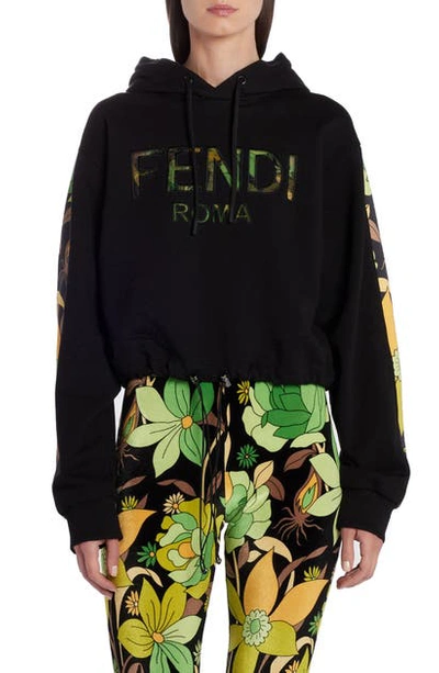 Shop Fendi Floral Logo Crop Drawstring Hoodie In Black