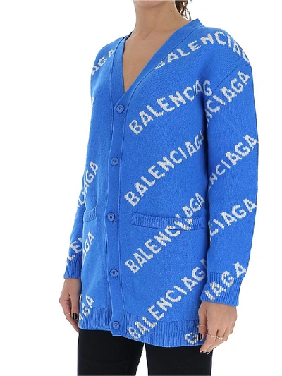 Shop Balenciaga All Over Logo Cardigan In Blue