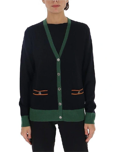 Shop Tory Burch Madeline Contrast Trim Cardigan In Navy