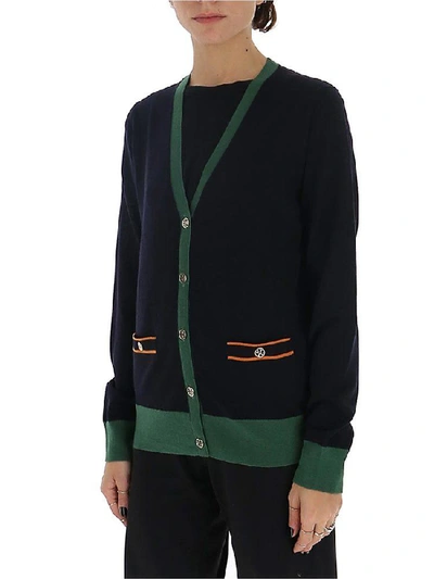 Shop Tory Burch Madeline Contrast Trim Cardigan In Navy