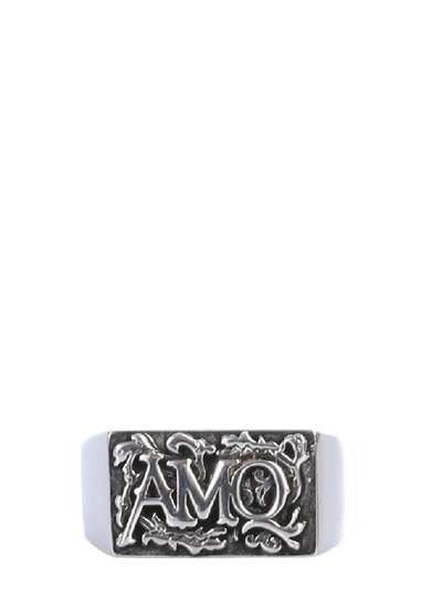 Shop Alexander Mcqueen Engraved Amq Ring In Silver