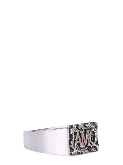 Shop Alexander Mcqueen Engraved Amq Ring In Silver