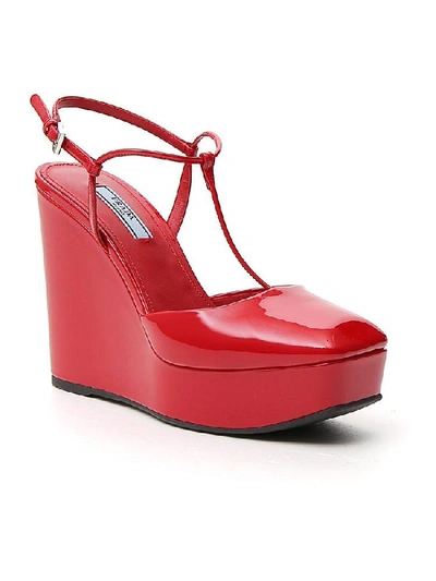 Shop Prada Ankle Strap Wedges In Red