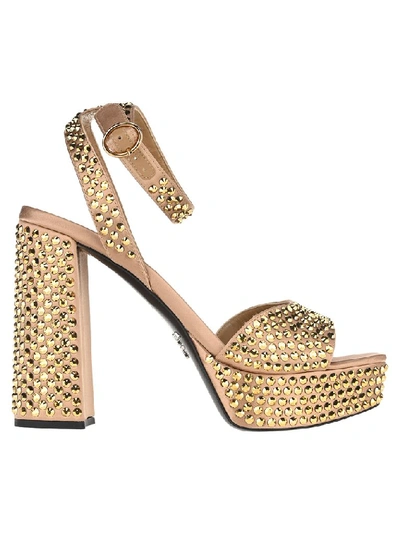 Shop Prada Embellished Ankle Strap Platform Sandals In Gold