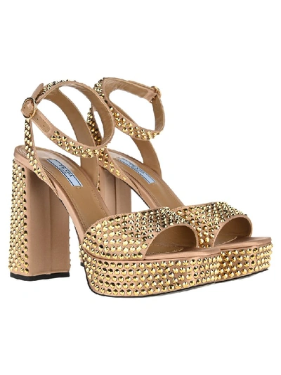 Shop Prada Embellished Ankle Strap Platform Sandals In Gold