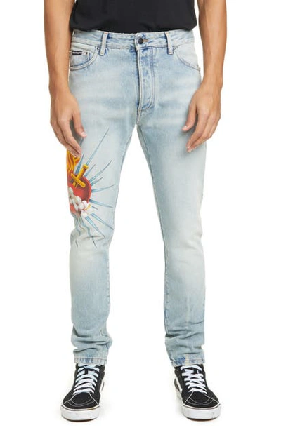 Shop Palm Angels Sacred Heart Straight Leg Jeans In Medium Wash