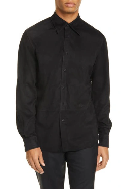 Shop Loewe Suede Long Sleeve Button-up Shirt In Black