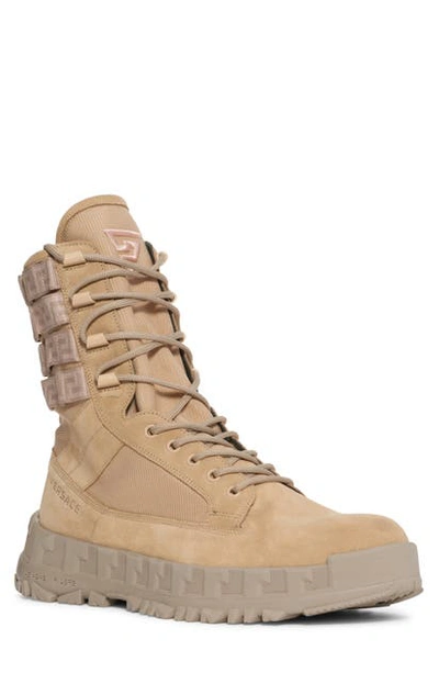 Shop Versace Greca Rhegis Combat Boot In Sand