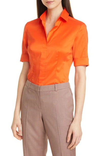 Shop Hugo Boss 'bashini' Elbow Sleeve Stretch Poplin Shirt In Fiery Orange