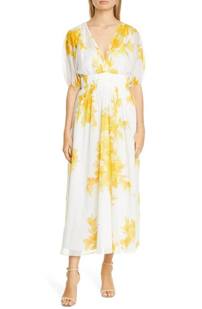 Shop Lela Rose Floral Print Empire Waist Cotton Maxi Dress In Marigold