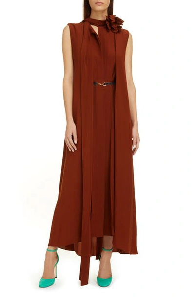 Shop Victoria Beckham Scarf Neck Belted Silk Maxi Dress In Chestnut