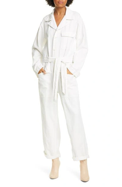 Shop Nili Lotan Aria Belted Cotton & Linen Jumpsuit In White